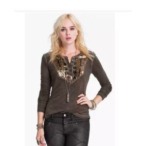 Free People Sequin Long Sleeve Women's Top Size M Brown